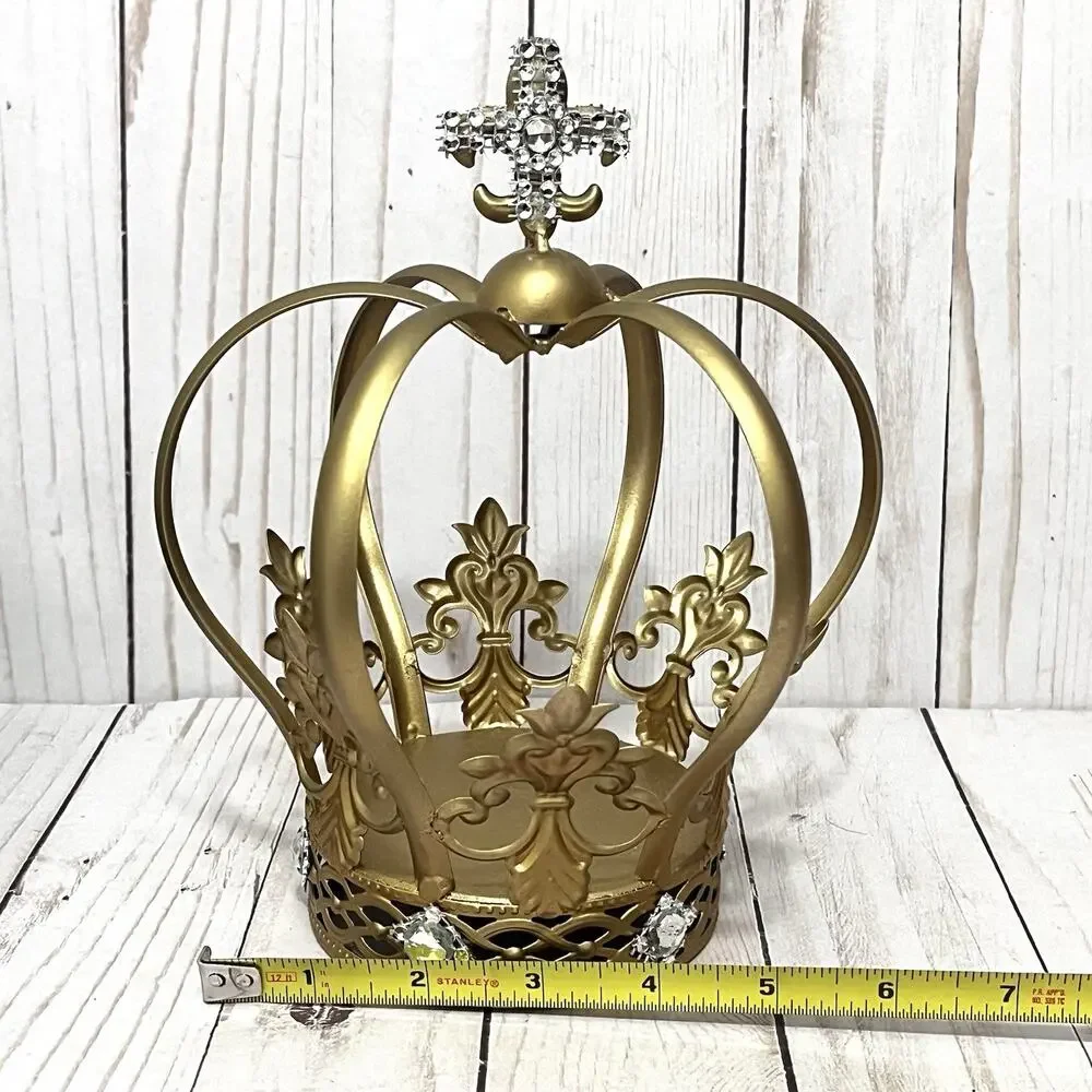 Gold Metal Crown Cake Topper Lightweight Fleur De Lis Rhinestone Design 8.5